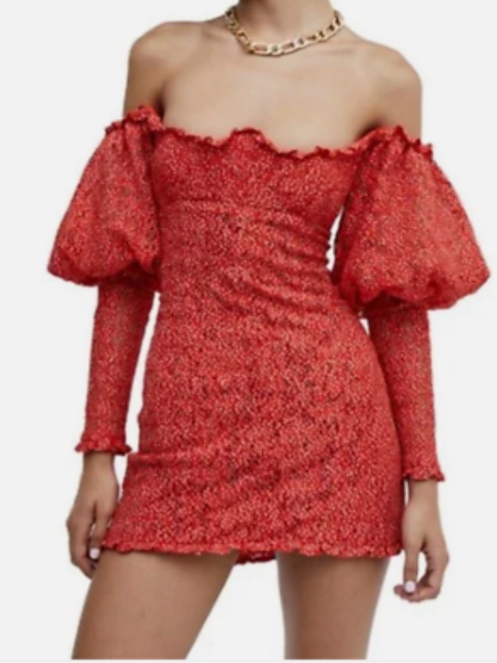 For Love And Lemons Coral-Red Off-the-Shoulder Puff Sleeve Mini Dress